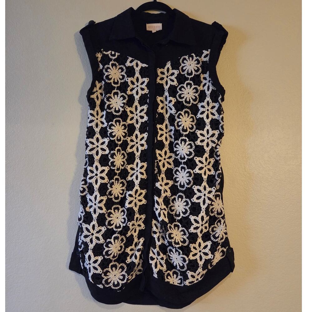 Ciebon Black Linen Cotton Embroidered Sleeveless Shirt Dress with side pockets